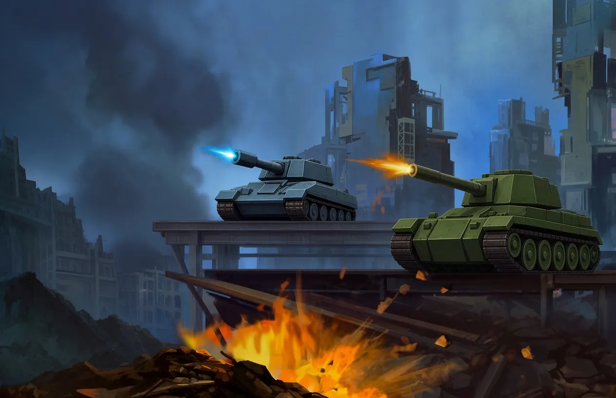 Two tanks balanced on a seesaw
