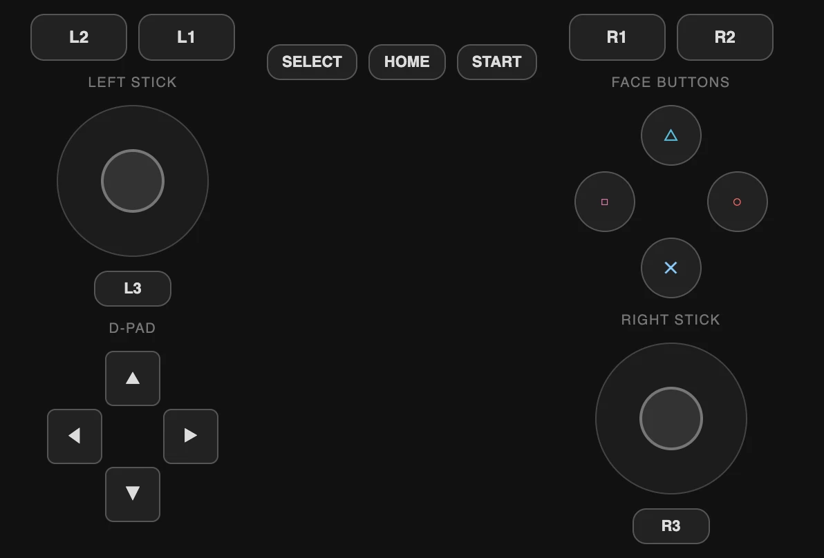 Controller layout: left stick, D-pad, face buttons, right stick, shoulder buttons