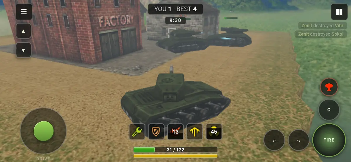 Mobile battle: joystick, Fire button and supplies on a touch screen