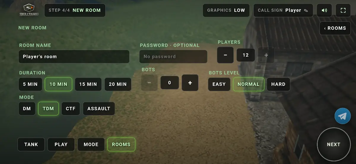 Mobile: new room with mode, bots and password